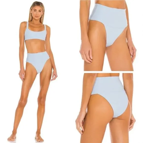 L*SPACE Eco Chic Desi Classic Bikini Bottom Sky Blue Ribbed High Waist XS NEW - Picture 1 of 10